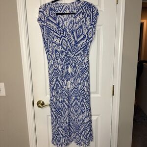 Blue Island Blue White Ikat Print Dress Size XL | Short Sleeve Midi